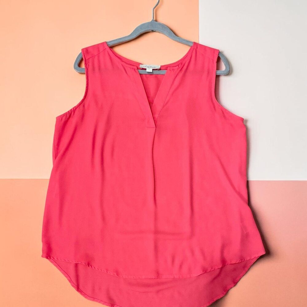 Olive & Oak Womens XL Top Sleeveless V-Neck Blouse Coral Pink High Low Chiffon